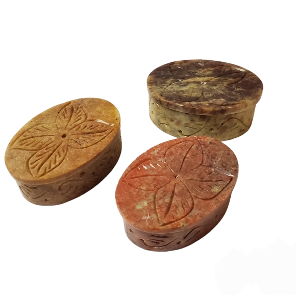 Greenbrier International Soapstone Flower Carved Design Oval Trinket Boxes (3) - Picture 1 of 13